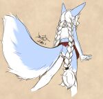  2023 anthro blokfort blue_body blue_fur bottomwear braided_hair canid canine clothing female fennec fox fur genitals hair hi_res kalta_(blokfort) low-angle_view mammal pussy simple_background sketch skirt solo standing white_body white_fur white_hair 