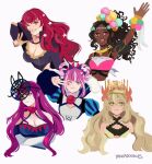  5girls absurdres beads blonde_hair bodysuit bow butterfly_hair_ornament celine_(fire_emblem) choker clothing_cutout crop_top cross-laced_clothes cross-laced_dress dark-skinned_female dark_skin dress dress_bow english_commentary eyeshadow facial_mark fire_emblem fire_emblem_engage flower flower_brooch green_eyes hair_beads hair_ornament hair_rings heart heart_facial_mark highres hortensia_(fire_emblem) ivy_(fire_emblem) makeup mole mole_under_mouth multiple_girls orange_bow orange_gemstone pink_choker pink_eyeliner pink_eyeshadow pink_hair purple_bodysuit purple_hair red_hair rose see-through_headwear side_cutout star_(symbol) star_facial_mark star_hair_ornament striped striped_dress symbol-shaped_pupils thorn_print timerra_(fire_emblem) vertical-striped_dress vertical_stripes very_dark_skin yancadoodles yunaka_(fire_emblem) 