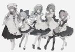  5girls absurdres alternate_costume apron apron_hold black_pantyhose blush bow cirno collage detached_sleeves enmaided full_body hair_bow hat highres juliet_sleeves kazami_yuuka kneehighs kochiya_sanae komeiji_satori long_sleeves looking_at_viewer maid maid_apron maid_headdress mob_cap multiple_girls muted_color pantyhose patchouli_knowledge puffy_short_sleeves puffy_sleeves rcs_4 short_sleeves skirt_hold socks touhou white_apron white_socks wrist_cuffs 