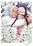  2boys asymmetrical_hair black_hair braid chest_tattoo closed_eyes curled_horns facial_hair facial_tattoo flower goatee highres horns hug kaidou_(one_piece) king_(one_piece) long_hair looking_at_another male_focus multiple_boys muscular muscular_male mustache one_piece shirt smile tattoo teeth too_many_flowers upper_body white_flower white_hair white_shirt yellow_eyes zht_2k 