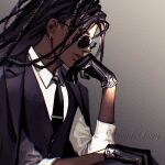  1boy artist_name black_eyes black_gloves black_hair black_jacket black_necktie black_suit close-up closed_mouth collared_shirt dark-skinned_male dark_skin dreadlocks earrings formal gloves gradient_background highres jacket jewelry koshika_rina long_hair looking_ahead male_focus necktie original shirt smile solo suit sunglasses sunlight white_shirt 