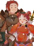  1boy 1girl absurdres armor brom_(fire_emblem) brown_hair closed_eyes double_bun father_and_daughter fire_emblem fire_emblem:_radiant_dawn hair_bun highres mariirasuto7 meg_(fire_emblem) open_mouth parted_bangs smile 