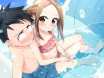  1boy 1girl bikini black_eyes black_hair blush brown_eyes brown_hair commission forehead frilled_bikini frills grin highres karakai_jouzu_no_takagi-san navel nishikata parted_bangs pixiv_commission smile swimsuit takagi-san wari_(nirodo26) water_drop water_slide 