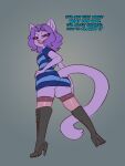  2023 anthro blue_clothing breasts butt cheese_quesadilla clothing dialogue digital_media_(artwork) domestic_cat english_text felid feline felis female footwear fur general-irrelevant grey_background hair hand_on_hip hi_res high_heels legwear looking_at_viewer low-angle_view mammal open_mouth possession purple_body purple_eyes purple_fur purple_hair simple_background smile solo text thigh_highs ultra_(ultrabondagefairy) 