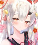  1girl bell blurry blurry_foreground blush cherry_blossoms close-up double_bun hair_bell hair_bun hair_ornament highres himechi hololive horns looking_at_viewer multicolored_hair nakiri_ayame oni_horns red_eyes red_hair simple_background solo streaked_hair virtual_youtuber white_background white_hair 