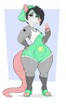  2023 absurd_res american_opossum anthro breasts clothed clothing female fur gesture grey_body grey_fur hi_res mammal marsupial simple_background smile solo thick_thighs usnarbit v_sign wide_hips 