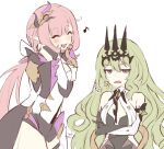  2girls :d ^_^ bare_shoulders black_gloves blush closed_eyes crossed_arms dress eighth_note elbow_gloves elysia_(honkai_impact) gloves green_hair grey_eyes hair_between_eyes hands_up honkai_(series) honkai_impact_3rd long_hair mobius_(honkai_impact) multiple_girls musical_note own_hands_clasped own_hands_together pink_hair simple_background single_glove smile ura_(hamburg_oniku) very_long_hair white_background white_dress 