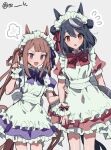  2girls absurdres alternate_costume animal_ears apron black_hair blue_bow blue_bowtie blue_nails blue_ribbon blush bow bowtie breasts brown_hair double_bun enmaided fingernails grey_background hair_between_eyes hair_bun hair_ornament hair_rings highres holding_another&#039;s_arm horse_ears horse_girl horse_tail kitasan_black_(umamusume) long_hair looking_at_viewer maid maid_headdress medium_breasts medium_hair multiple_girls nail_polish open_mouth pointing pointing_up puffy_short_sleeves puffy_sleeves purple_eyes red_bow red_bowtie red_eyes red_nails red_ribbon ribbon short_sleeves simple_background sweep_tosho_(umamusume) tail tarako twitter_username umamusume white_apron 