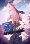  1girl animal animal_focus black_hair blue_sky cloud coat falling_petals highres hiromumaru kanji looking_at_animal original overpass oversized_animal peach_blossom petals red_coat sign signature sky solo spring_(season) standing tree 