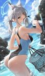  1girl absurdres animal_ear_fluff animal_ears ass back_cutout blue_archive blush breasts clothing_cutout competition_swimsuit earrings fish fishing_net goggles grey_hair halo highres holding holding_goggles jewelry looking_at_viewer median_furrow medium_breasts mismatched_pupils mouth_hold netural official_alternate_costume one-piece_swimsuit outdoors ponytail refraction shiroko_(blue_archive) shiroko_(swimsuit)_(blue_archive) solo stud_earrings sweatdrop swimsuit two-tone_one-piece_swimsuit wading wolf_ears 