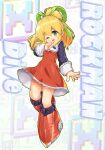  1girl ;d blonde_hair blush boots breasts character_name commentary_request dress endou_hiroto frilled_dress frills full_body green_eyes green_ribbon hair_between_eyes hair_ribbon hand_up highres long_hair long_sleeves looking_at_viewer mega_man_(series) mega_man_x_(series) mega_man_x_dive one_eye_closed ponytail red_dress red_footwear ribbon roll_(mega_man) small_breasts smile solo 