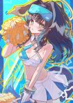  1girl animal_ears bangle bare_arms bare_shoulders black_hair blue_archive blue_eyes blush bracelet breasts cheerleader cowboy_shot crop_top dog_ears dog_girl dog_tail eyewear_on_head gloves goggles goggles_on_head halo hand_up hibiki_(blue_archive) hibiki_(cheer_squad)_(blue_archive) highres jewelry long_hair looking_at_viewer millennium_cheerleader_outfit_(blue_archive) navel official_alternate_costume open_mouth pom_pom_(cheerleading) qc6 skirt sleeveless smile solo standing tail two-tone_skirt white_gloves white_skirt 