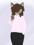  :3 absurd_res anthro blue_eyes bottomwear brown_body brown_hair clothed clothing domestic_cat felid feline felis fur hair hi_res male mammal multicolored_body pants savo siamese simple_background smile solo sweater topwear 