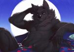  2023 anthro artist_name azuza black_claws black_horn black_nose blue_eyes canid canine canis claws dated fangs finger_claws glistening glistening_eyes grey_body horn hybrid looking_at_viewer male mammal mouth_closed navel nude partially_submerged solo teeth wolf 