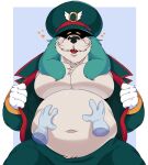  &lt;3 anthro belly belly_rub blush canid canine canis clothed clothing conductor_(sonic) disembodied_hand domestic_dog facial_hair floppy_ears fur green_body green_fur hat headgear headwear hi_res male mammal mature_male meanookami mustache navel open_clothing open_shirt open_topwear overweight sega shadowed_face shirt sonic_the_hedgehog_(series) the_murder_of_sonic_the_hedgehog topwear 