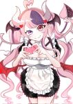  1girl ahoge apron breasts cleavage demon_girl demon_horns demon_tail demon_wings fang hair_ornament head_wings heart heart_ahoge heart_hair_ornament heart_hands heterochromia highres horns ironmouse large_breasts long_hair looking_at_viewer low_wings maid maid_apron maid_day multicolored_hair nail_polish pink_eyes pink_hair pointy_ears purple_hair red_eyes red_nails skin_fang smile solo soraumi2000_50 streaked_hair tail virtual_youtuber vshojo wings 