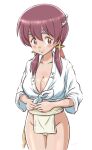  1girl absurdres alternate_costume blush breasts brown_eyes brown_hair cleavage collarbone colored_inner_hair commentary cowboy_shot fundoshi groin hachimaki hair_between_eyes headband highres hiyama_yuu_(wee259hiyama) japanese_clothes large_breasts long_hair looking_at_viewer low_twintails multicolored_hair murosaki_miyo nejiri_hachimaki onii-chan_wa_oshimai! red_hair simple_background solo twintails two-tone_hair white_background yamakasa 