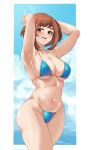  1girl absurdres armpits arms_behind_head arms_up bikini blue_bikini blue_sky boku_no_hero_academia breasts brown_eyes brown_hair cloud day highres large_breasts looking_at_viewer medium_breasts navel ocean omanju25 outdoors sidelocks sky solo sweat swimsuit uraraka_ochako water 