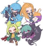  4girls absurdres ahoge animal_ears black_bow black_dress black_gloves black_hoodie blonde_hair bow chibi dress fingerless_gloves gloves green_hair green_jacket grey_background grey_dress grin gwen_(league_of_legends) hair_bow highres holding holding_scissors hood hoodie jacket league_of_legends long_hair monakan_japan multicolored_hair multiple_girls nail_polish open_clothes open_jacket orange_eyes pants pantyhose parted_bangs pink_eyes scissors shoes simple_background smile striped striped_pantyhose teeth twintails two-tone_hair v vex_(league_of_legends) vex_shadow_(league_of_legends) zeri_(league_of_legends) zoe_(league_of_legends) 
