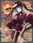  1girl bat_(animal) black_hair black_lips chinese_clothes dress enahamaru expressionless eyelashes flat_chest flower full_moon hair_bobbles hair_ornament halloween hat highres jiangshi lantern leg_up long_hair looking_at_viewer moon ofuda original pale_skin paper_lantern pink_eyes purple_dress purple_thighhighs qing_guanmao red_footwear sleeves_past_fingers sleeves_past_wrists solo tassel thighhighs twintails very_long_hair wide_sleeves zettai_ryouiki 