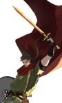  1boy absurdres arm_up bag belt blue_ribbon brown_belt brown_eyes brown_hair cape facial_hair fate/grand_order fate_(series) floating_cape goatee golden_sword green_tunic haruakira hector_(fate) highres holding holding_shield holding_sword holding_weapon male_focus mature_male parted_lips ponytail red_cape ribbon satchel shield short_sleeves simple_background sword tabard weapon white_background 
