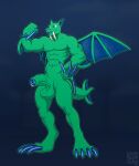  2020 abs anthro balls blue_claws blue_sclera claws digital_media_(artwork) duke_fishron featureless_chest flexing full-length_portrait genital_piercing genitals glowing glowing_eyes green_body hi_res longblueclaw male membrane_(anatomy) membranous_wings muscular muscular_male nude penis penis_piercing piercing portrait prince_albert_piercing simple_background solo terraria tusks white_eyes wings 