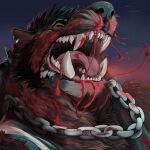  anthro blood blood_in_mouth bodily_fluids chain close-up ear_piercing gnoll hi_res hyena male mammal memburu nosebleed open_mouth piercing solo syrus_hyena 