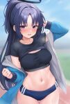  1girl arm_up black_hair black_shirt black_sports_bra blue_archive blue_buruma blue_eyes blue_jacket blush breasts breath buruma clothes_lift gym_uniform halo hand_on_own_head highres jacket long_hair myuu_(arisumeria) navel off_shoulder open_clothes open_jacket open_mouth ponytail shirt shirt_lift short_sleeves solo sports_bra thigh_gap thighs yuuka_(blue_archive) yuuka_(track)_(blue_archive) 