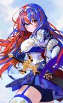  1girl alear_(female)_(fire_emblem) alear_(fire_emblem) black_shorts blue_eyes blue_gloves blue_hair blue_skirt blush breasts commentary cowboy_shot fire_emblem fire_emblem_engage gbbgb321 gloves hair_between_eyes heterochromia highres large_breasts long_hair long_sleeves looking_at_viewer multicolored_hair pink_eyes red_hair scabbard sheath sheathed shirt short_shorts shorts skirt solo standing streaked_hair sword thighhighs thighs tiara two-tone_hair very_long_hair weapon white_shirt white_thighhighs 