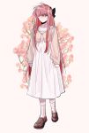  1girl absurdres berry black_bow bow brown_footwear dress full_body gauze hair_bow highres jacket limbus_company loafers long_hair long_sleeves pink_hair pink_jacket project_moon shoes socks solo very_long_hair vvindyday white_dress white_socks yuri_(limbus_company) 