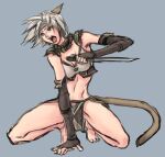  1girl animal_ears avatar_(ff11) bare_legs barefoot black_gloves breasts brown_tail cactus41747280 cat_ears cat_girl cat_tail cleavage dagger elbow_gloves fangs final_fantasy final_fantasy_xi fingerless_gloves full_body gloves grey_background grey_eyes grey_hair grey_headband headband highres holding holding_dagger holding_knife holding_weapon knife light_blue_background loincloth medium_breasts midriff mithra_(ff11) short_hair simple_background solo squatting tail teeth weapon 