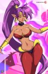  absurd_res breasts brown_body brown_skin cleavage clothed clothing ear_piercing ear_ring eyes_closed female genie hair hi_res humanoid humanoid_pointy_ears kyoffie long_hair not_furry piercing ponytail purple_hair ring_piercing shantae shantae_(series) signature solo text url wayforward 