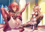  2girls absurdres anus arms_up black_gloves blonde_hair blurry blurry_background blush breasts censored chest_jewel closed_mouth commentary_request commission core_crystal_(xenoblade) dress elbow_gloves frown gloves highres hitachi_magic_wand indoors kaer_sasi_dianxia knee_up large_breasts leg_up legs long_hair looking_at_viewer mosaic_censoring multiple_girls mythra_(xenoblade) nipples no_shoes object_insertion pantyhose pussy pyra_(xenoblade) red_eyes red_hair red_thighhighs restrained second-party_source sex_toy shibari short_dress short_hair sitting soles spread_legs squatting swept_bangs thighhighs tiara tiptoes toes torn_clothes torn_dress torn_pantyhose torn_thighhighs two-tone_gloves vaginal vaginal_object_insertion vibrator white_dress white_gloves xenoblade_chronicles_(series) xenoblade_chronicles_2 yellow_eyes 