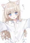  1girl :o ahoge animal_ear_fluff animal_ears blonde_hair blue_eyes blunt_bangs blush cat_ears collared_shirt drill_hair extra_ears flat_chest hands_up highres long_hair long_sleeves looking_at_viewer luna_(luna610) open_mouth original shirt simple_background solo twitter_username upper_body wavy_hair white_background white_shirt 