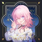  1girl black_choker breasts character_name choker constellation hair_between_eyes honkai:_star_rail honkai_(series) long_sleeves looking_at_viewer march_7th_(honkai:_star_rail) medium_breasts medium_hair multicolored_eyes one_eye_closed open_mouth pink_hair solo sougishi_ego teeth upper_teeth_only white_sleeves 