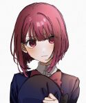  1girl arima_kana blue_jacket blunt_ends blush hat hat_removed headwear_removed holding holding_clothes holding_hat iwawa jacket looking_at_viewer open_clothes open_jacket oshi_no_ko red_eyes red_hair school_uniform short_hair simple_background solo upper_body white_background youtou_high_school_uniform 