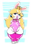  2023 anthro belly blonde_hair blue_eyes box_chan breasts clothing collar crossover crown female front_view full-length_portrait genitals hair hands_behind_back headgear hi_res lagomorph looking_at_viewer mammal mario_bros mario_plus_rabbids_kingdom_battle nintendo nipples portrait pussy rabbid rabbid_peach raving_rabbids rayman_(series) slightly_chubby solo standing thick_thighs toeless_legwear tooth_gap translucent translucent_clothing ubisoft white_body wide_hips 