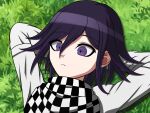  1boy arms_behind_head black_hair black_scarf checkered_clothes checkered_scarf closed_mouth danganronpa_(series) danganronpa_v3:_killing_harmony frown grass hair_between_eyes heart highres jacket long_sleeves lying multicolored_hair oma_kokichi on_back petals purple_eyes scarf solo suiren_yurei two-tone_hair white_jacket white_scarf 