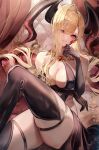  1girl arm_under_breasts bare_shoulders black_gloves black_thighhighs blonde_hair blush breasts chiachun0621 cleavage closed_mouth commentary_request elbow_gloves eyes_visible_through_hair fate/grand_order fate_(series) gloves hand_up highres horns large_breasts long_hair looking_at_viewer nero_claudius_(fate) queen_draco_(fate) red_eyes sitting solo thick_thighs thighhighs thighs 