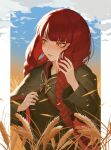  1girl absurdres blunt_bangs blush braid brooch butterfly_brooch capelet cloud fata_morgana_no_yakata highres iamc95 jewelry looking_to_the_side morgana_(fata_morgana_no_yakata) outdoors pillarboxed red_hair solo twin_braids upper_body wheat wheat_field yellow_eyes 