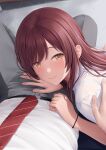  1boy 1girl blush bracelet caress closed_mouth commentary_request couch crotch_grab from_above hand_on_another&#039;s_crotch hand_on_another&#039;s_shoulder hetero highres idolmaster idolmaster_shiny_colors indoors jewelry long_hair looking_at_viewer mikazuchi_zeus necktie on_couch osaki_amana pov pov_hands red_hair red_necktie school_uniform shirt short_sleeves sitting smile solo_focus straight_hair swept_bangs very_long_hair white_shirt yellow_eyes 