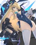  1girl absurdres assault_rifle blonde_hair blue_archive blue_eyes braid breasts detached_collar earpiece electricity expressionless feet_out_of_frame gun h&amp;k_g11 halo highres long_hair looking_at_viewer medium_breasts multicolored_hair ozaki55 playboy_bunny ribbon rifle skindentation streaked_hair thighhighs toki_(blue_archive) toki_(bunny)_(blue_archive) trigger_discipline very_long_hair weapon 
