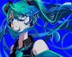  1girl alternate_color aqua_eyes aqua_hair bare_shoulders black_shirt blue_background blue_hair blue_pupils blurry blurry_foreground collarbone collared_shirt floating_hair goma_irasuto green_hair green_necktie hair_between_eyes hatsune_miku headphones highres long_hair looking_at_viewer looking_down messy_hair multicolored_hair necktie parted_lips ringed_eyes shade shirt sidelighting sidelocks sideways_glance signature simple_background single_horizontal_stripe sleeveless sleeveless_shirt solo streaked_hair swept_bangs tareme twintails upper_body very_long_hair vocaloid wide-eyed 