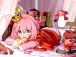  +_+ artist_name blue_eyes box cape chocolate crown gift heart-shaped_box heart-shaped_cookie highres indoors long_sleeves looking_at_viewer lying medium_hair monocle motimoti_mgmg ocean_prince on_bed on_stomach pink_footwear pink_hair puyopuyo_quest red_cape stuffed_animal stuffed_toy teddy_bear tilted_headwear 
