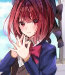  1girl absurdres arima_kana blue_headwear blue_jacket bob_cut closed_mouth cloud cloudy_sky hat hat_ribbon highres jacket looking_at_viewer m_i_o_spring oshi_no_ko red_eyes red_hair ribbon school_uniform short_hair shy sky youtou_high_school_uniform 