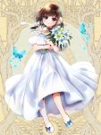  1girl blue_butterfly blue_eyes brown_hair bug butterfly butterfly_brooch dairoku_ryouhei dress flower full_body hair_flower hair_ornament holding holding_flower kageto_kozue ribbon shimotsukishin shoes short_sleeves smile solo standing white_dress white_footwear white_ribbon 