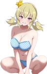  1girl bikini blonde_hair blush breasts cleavage crown highres kafuru_(senran_kagura) large_breasts looking_at_viewer low_twintails mini_crown navel open_mouth polka_dot polka_dot_bikini purple_eyes senran_kagura senran_kagura_estival_versus senran_kagura_new_link smile solo surippa1010 swimsuit twintails 