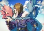  1boy ashton_anchors belt blue_cape cape cloud dragon food fur_trim gloves headband highres male_focus miyama_(lacrima01) open_mouth short_hair solo star_ocean star_ocean_the_second_story 