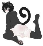  2023 absurd_res alternate_version_at_source animal_humanoid backsack balls big_balls big_butt black_clothing black_ears black_hair black_hoodie black_inner_ear_fluff black_legwear black_tail black_thigh_highs black_topwear blush bottomless bro_aniki butt cat_humanoid clothed clothing doomer_(bro_aniki) doomer_(meme) doomer_boy eyebrows eyelashes felid felid_humanoid feline feline_humanoid genital_raphe genitals girly hair hi_res hoodie humanoid inner_ear_fluff kneeling legwear long_tail looking_at_viewer looking_back looking_back_at_viewer male mammal mammal_humanoid pale_skin perineum raised_leg raphe_(anatomy) shaggy_hair simple_background solo tail thick_thighs thigh_highs thin_tail toebeanies topwear tuft white_background white_body white_skin 