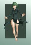 1girl absurdres artist_name bare_legs barefoot black_background black_dress breasts covered_navel dated dress full_body gogo_(gogo_23) green_hair grey_background highres long_sleeves one-punch_man short_hair small_breasts smile solo tatsumaki teeth translation_request 